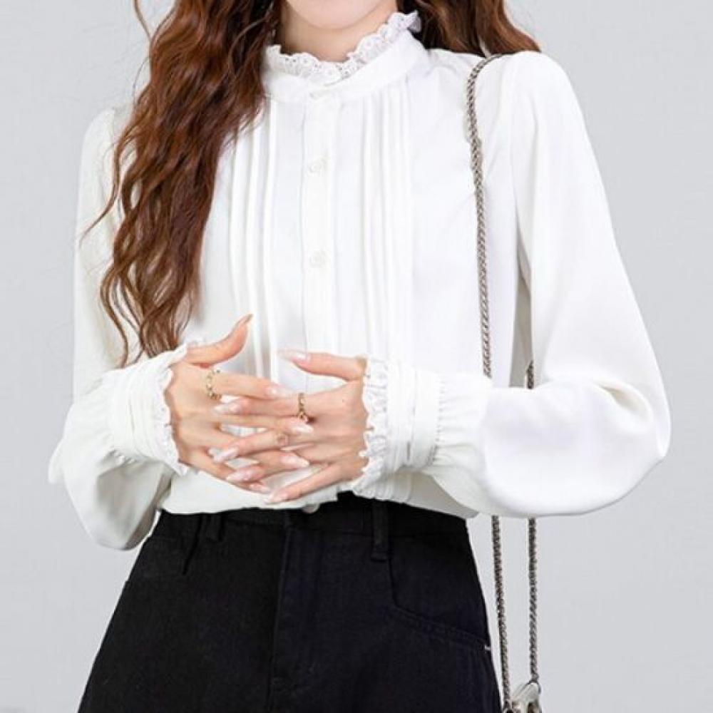 Navava Women Romantic Shirring Lace Point Long Sleeve Blouse Nb3087