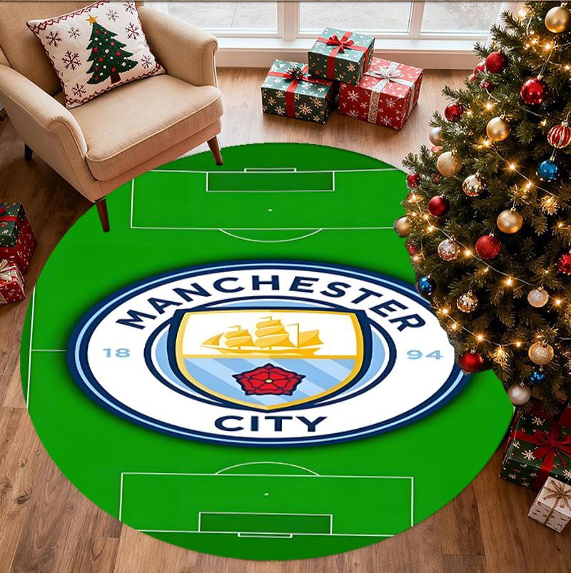 Manchester City FC Pattern Round Rug, Indoor/Outdoor Mat, for Picnic, Gameroom, Bedroom, Office, Living Room, Home Decor Carpet, Birthday Gift