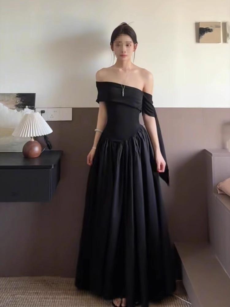French Pure Desire Style One-word Shoulder Short-sleeved Dress Women's Summer New High-end Temperament Waist and Thin Long Dress