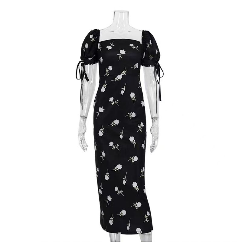 

French Summer Floral Puff Sleeves off-Neck Dress One Line Collar Printed Dress Black M
