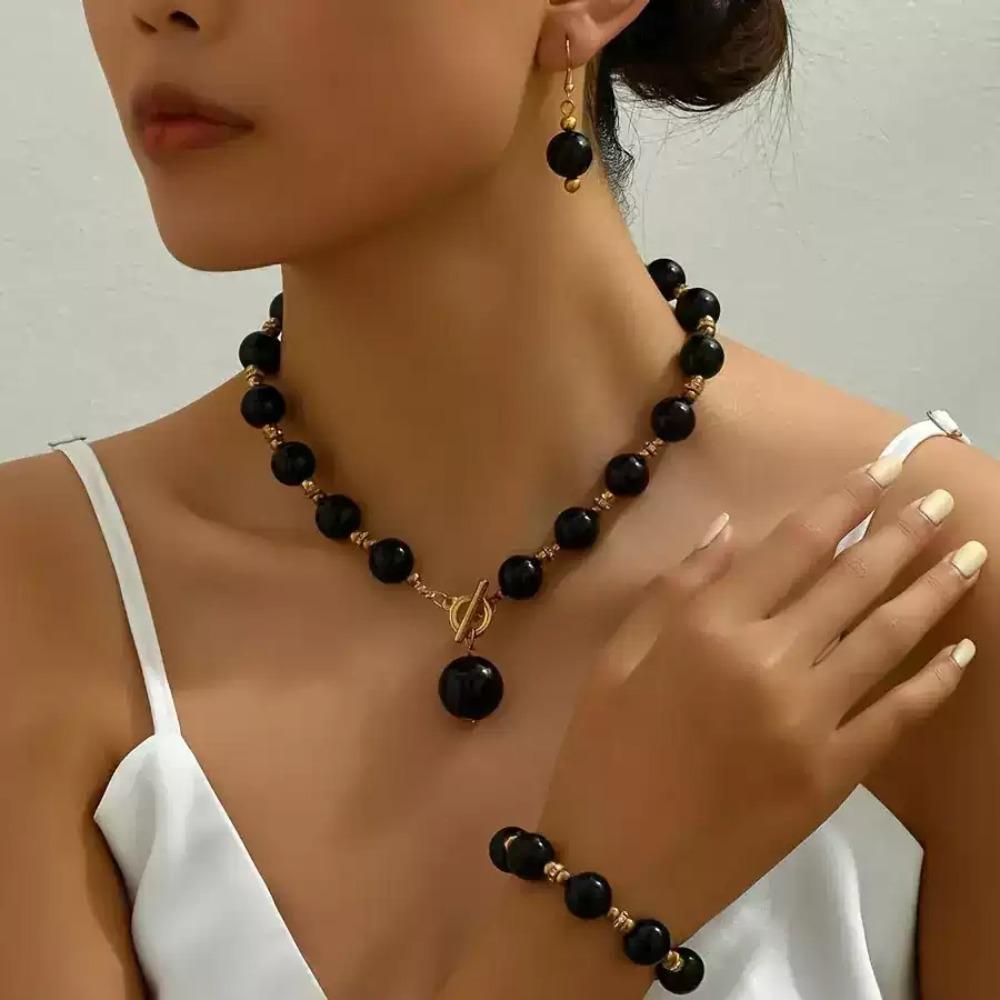 

3Pcs Elegant Necklace Bracelet Earring Light Luxury Pearl Beads Necklace Pearl Jewelry Set Party чорний