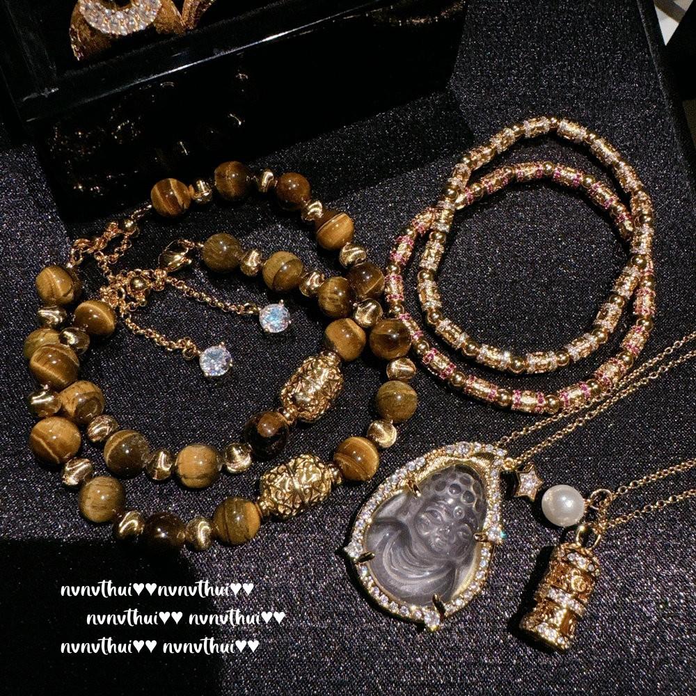 Ancient Gold Chiseled Proverbs Tube Diamond Bracelet, New Chinese Style, Fulu Baby Buddha Retro Crystal Necklace, Set