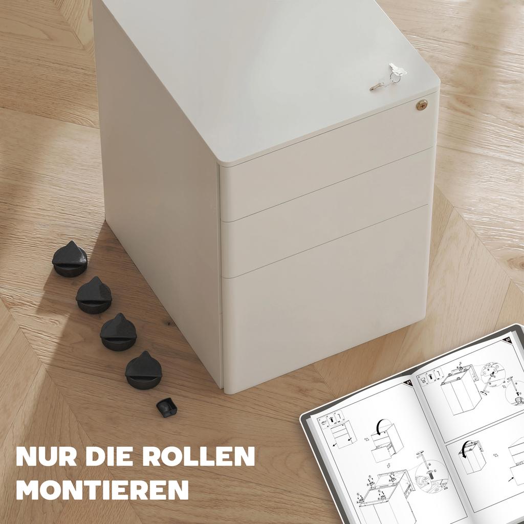 Lockable Cabinet, Rolling Filing Cabinet with 3 Drawers, Steel Office Drawer Unit for A4, Letter, Legal Sized Files