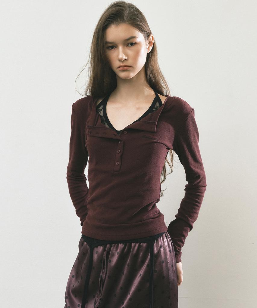 NICK&NICOLE Button Henley Long Sleeve Top_Wine
