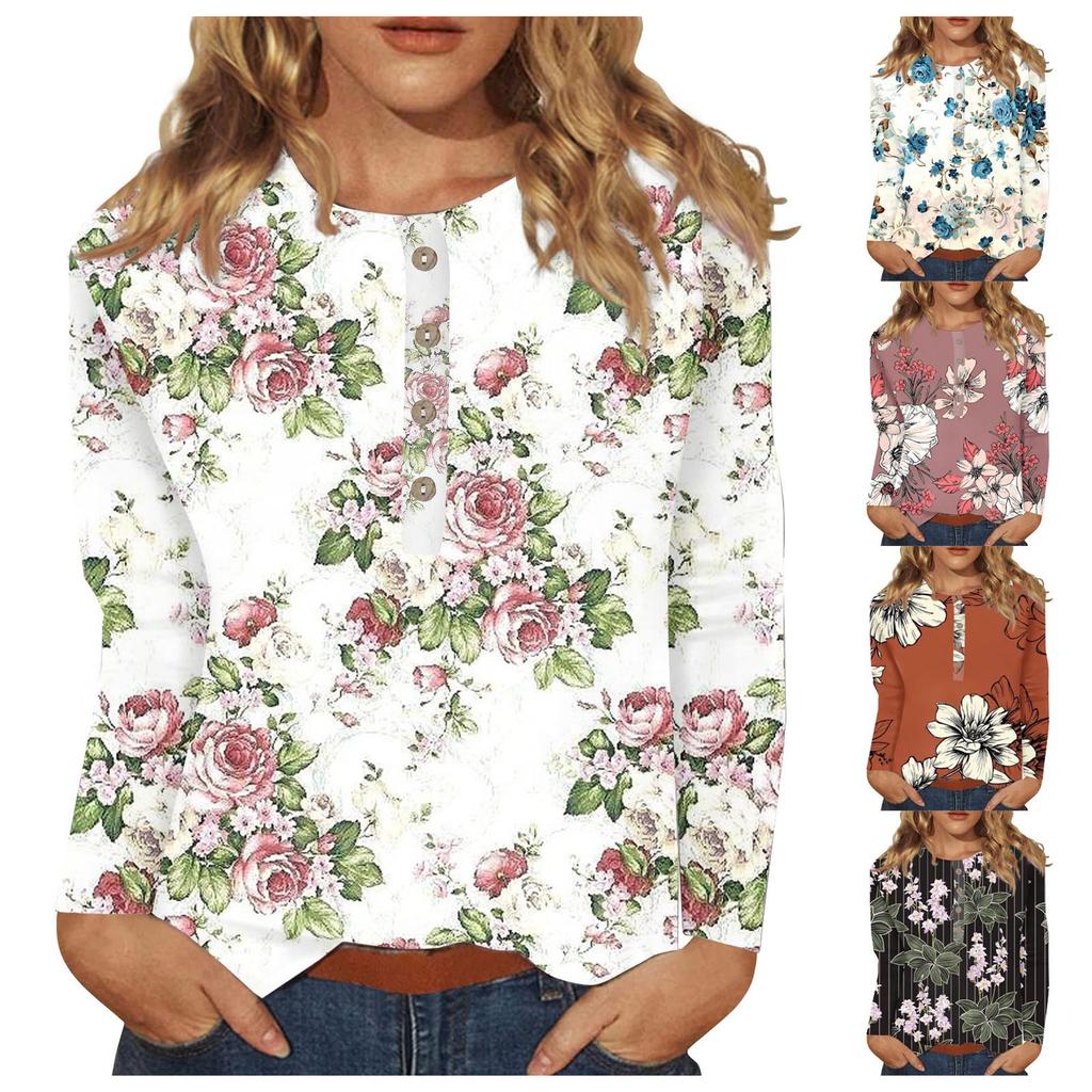 Damen-Oberteile mit Knopfleiste, Blusen, Damen-Oberteile, lässig, für den Alltag, langärmelig, V-Ausschnitt, modischer Aufdruck, Hemdoberteile, T-Shirt, Pulloveroberteile