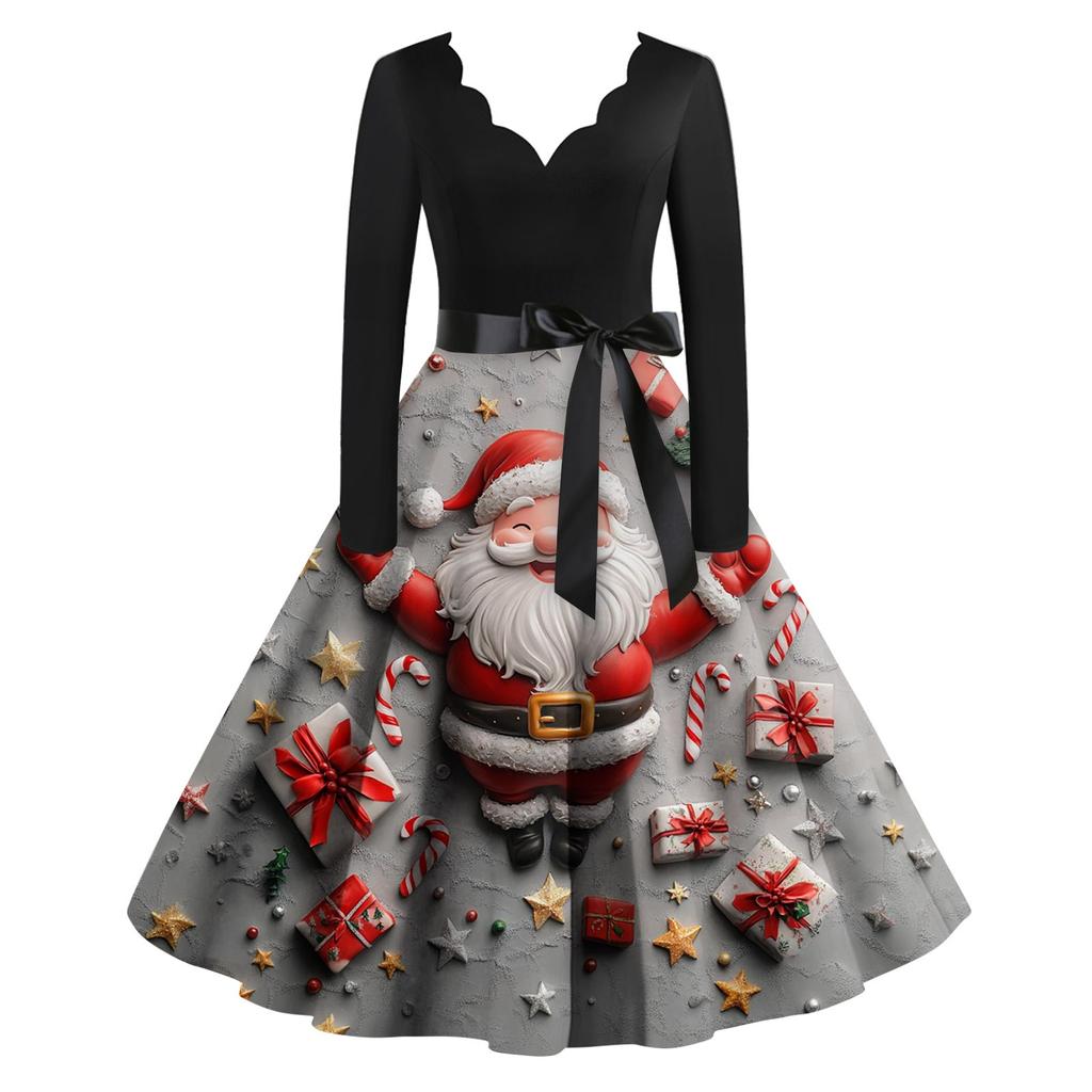Women's Casual Fashion Christmas Printed V-Neck Vintage Dress