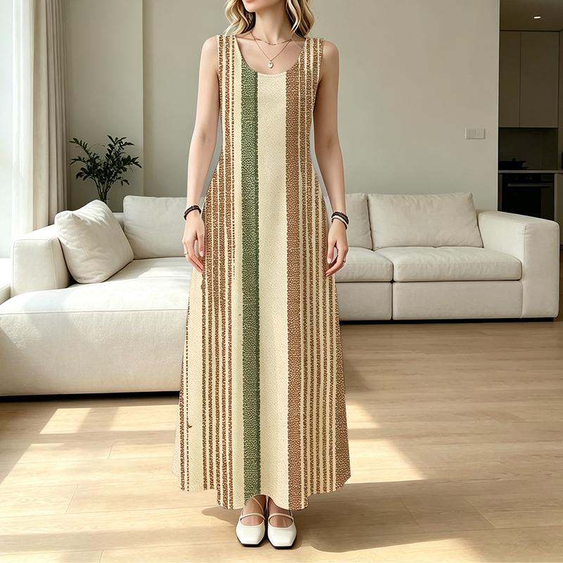 Sleeveless Bohemian Maxi Dress,Simple Striped Lightweight Loose Fit Full Skirt Flattering for Beach Vacation,Casual Travel & Daily Wear