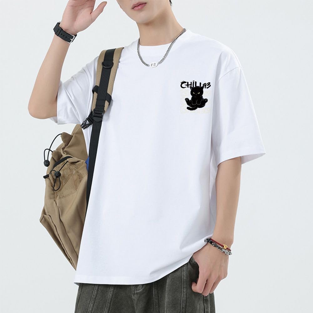 [Liaziong] Summer T-shirt for Men, Short Sleeve, 100% Cotton, Plus Sizes, Cute Cat Print, Crew Neck, Half Sleeve Top - White - 2XL