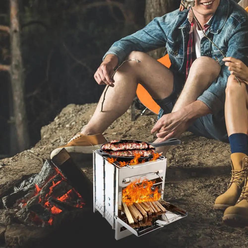 1 Pcs Mini Outdoor Firewood Stove Camping Cooking Picnic Travel Stainless Steel Square Wood Stove Charcoal Folding Grill BBQ