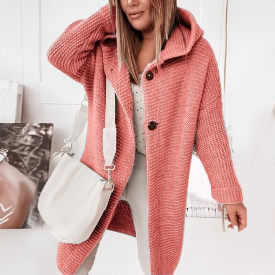 Solid Color Long Sleeve Women Cardigan Autumn Winter Two Buttons Hooded Sweater Coat Outerwear