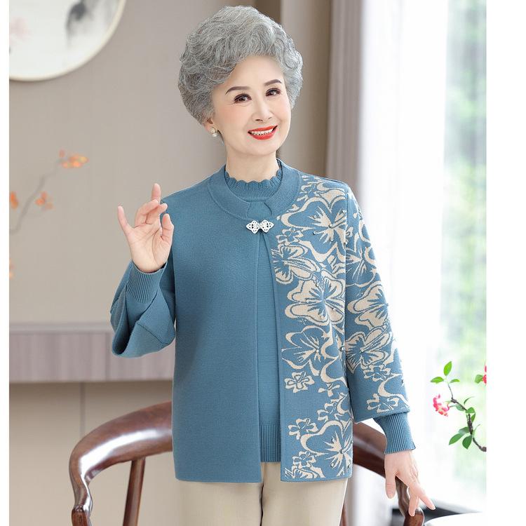 

Новый свитер Модный костюм из двух частей в национальном стиле Свободное пальто Женская одежда Для среднего и пожилого возраста Бабушкин Осенне-зимний вязаный свитер 4XL синий