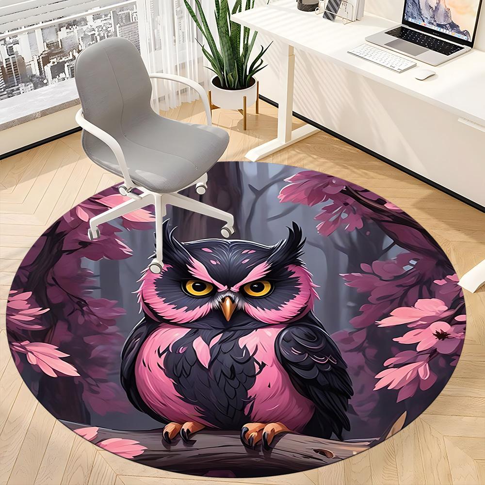 1pc Pink Owl Forest Chair Carpet for Office, Round Polyester Mat, Indoor Decor for Office, Easycare Fabric, Washable Non-slip Area Carpet