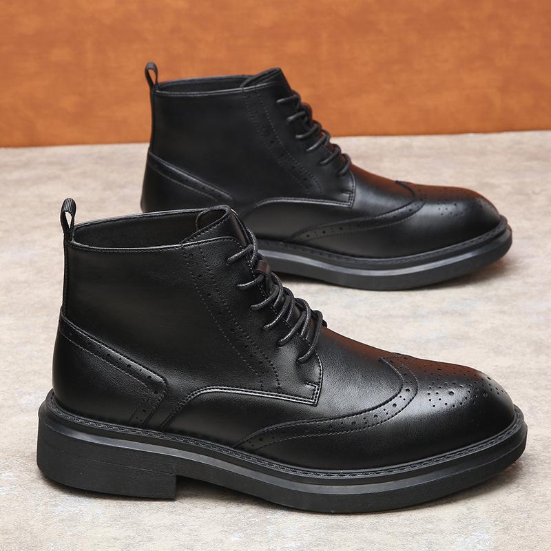 FashionCow Leather High-soled Brock High-top Boots for Men Autumn Winter Fleece Warm Ankle Boots Male Fashion Casual Platform Shoes Man