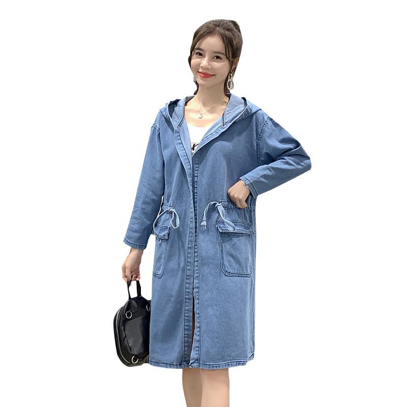 Plus Size Women's Medium-Length Denim Jacket - Long Sleeve Hooded Windbreaker Trend
