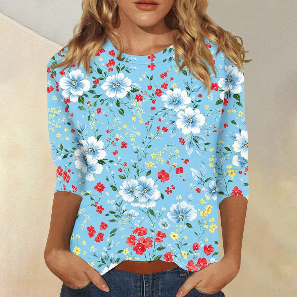 Damen Lässige Blumenprint Rundhals Dreiviertelarm Bluse Leichter Weicher Stoff Bequeme Passform Stilvolles Oberteil für den täglichen Gebrauch