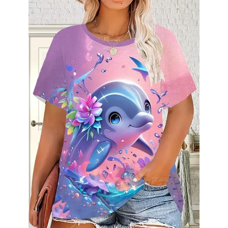 Modisches Damen Rundhals Kurzarm 3D Tier Farbdruck Tier Kurzarm Rundhals T-Shirt
