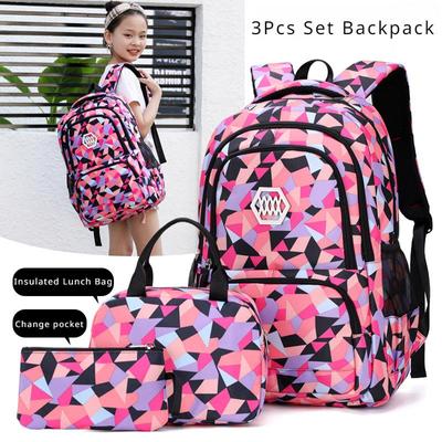 Fashion Plaid Schoolbags for Girls and Boys Junior Senior High School Student Nylon Backpack Lightweight 3 Pcs Set Kid's Knapsack with Lunch Bag Purse