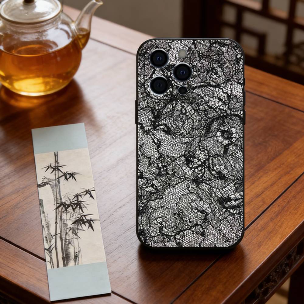 Black Lace Print Phone Case For iPhone 17, 16,15,14,13,12,11 Plus,Pro Max, Others Soft Black Cover