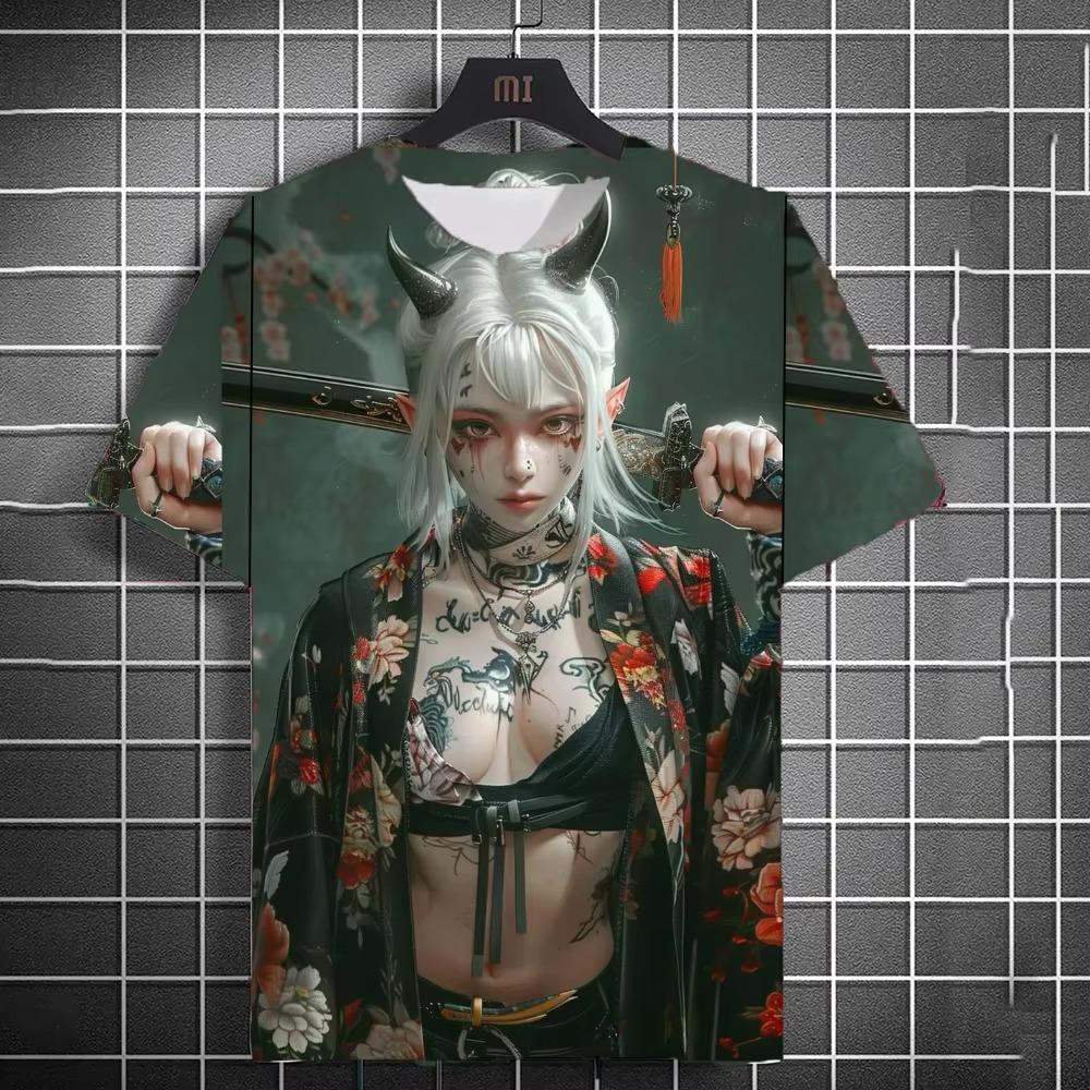 Japanese samurai samurai samurai sword tattoo girl T-shirt 3D printing universal personality anime T-shirt
