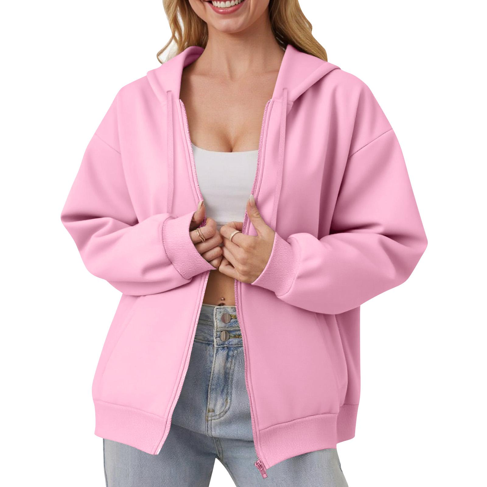 

Женская толстовка с капюшоном на молнии с открытыми плечами Модная одежда Повседневная куртка L розовый