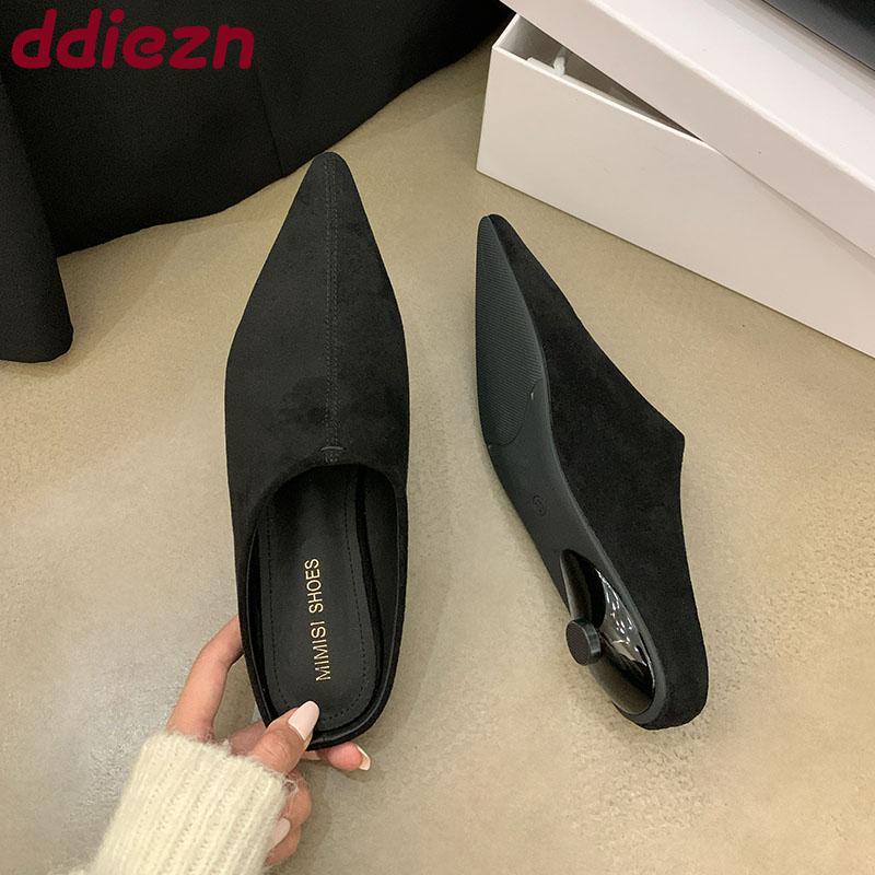 Fashion Fashion Flock Women Low Heel Pumps Shoes Slides Mules Female Shallow Footwear Pointed Toe Ladies Heeled Shoes Sandals  lady
