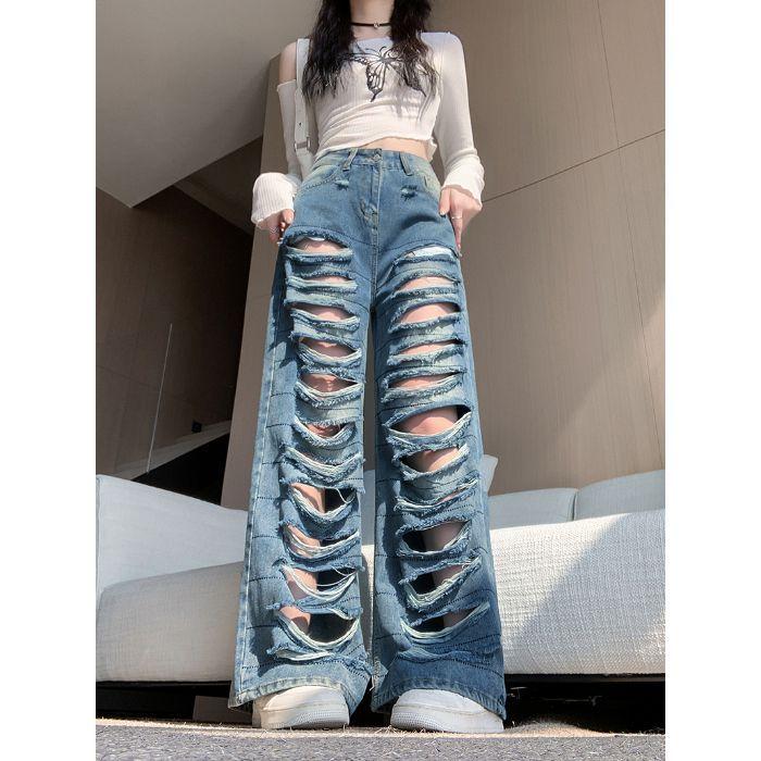 

Женские весенне-осенние джинсы с высокой посадкой, свободные, стройнящие - потертые, в стиле пэчворк, прямые широкие брюки, универсальная уличная одежда XL