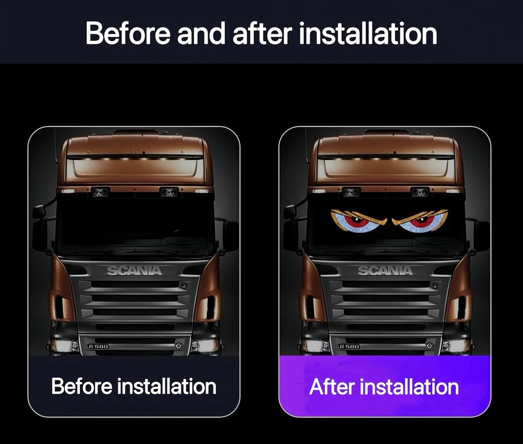 2 Stück Dynamisches Großes Teufelsaugenlicht 59,5x12 cm Bunte Augenlampe LED-Matrix-Panel-Licht 5V USB-Betrieben für Auto-Windschutzscheibe