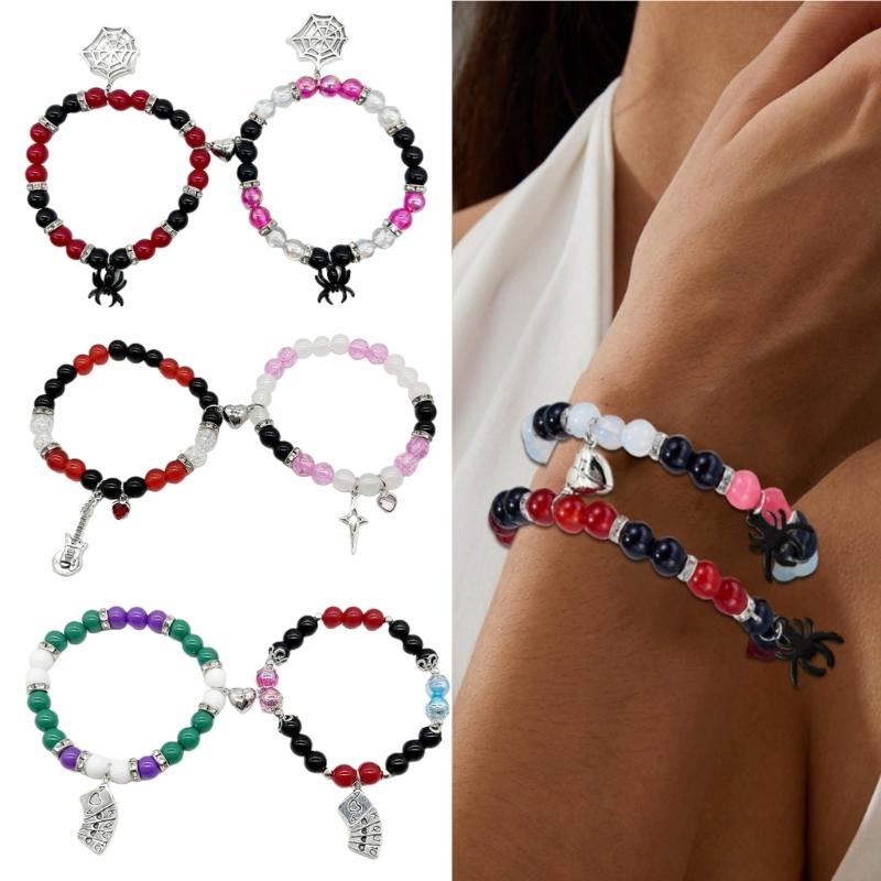 2pcs Halloween Spiders Couple Bracelets for Women Men Magnetic Heart Matching Bangles Festive Party Aesthetic Jewelry