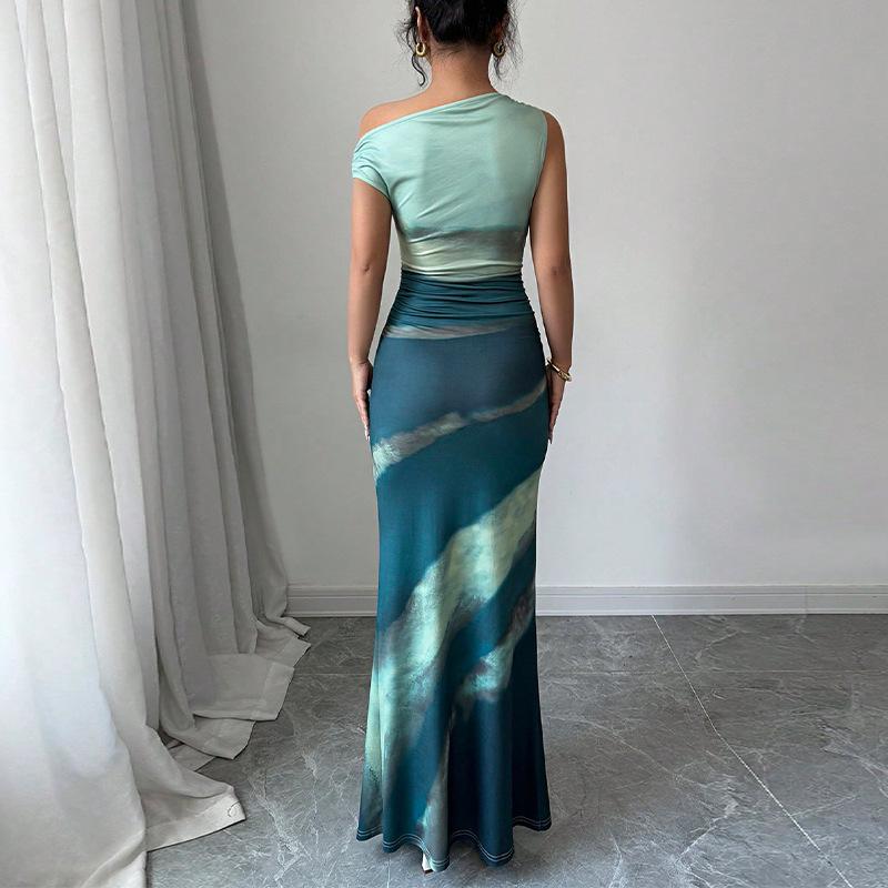 Vintage Tie-dye Sleeveless Suspender Dress Summer Female Beach Party Tank Dress Women Fashion Slanted Shoulder Slim Maxi Dresses