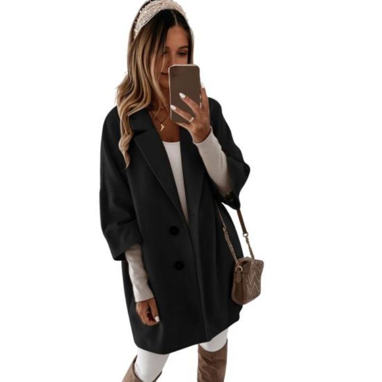 

Winter Thickened Double Breasted Women Overcoat Solid Color Loose Fit Thermal Coat with Turn Down Collar Pockets Three Quarter Sleeves Commuting S чёрный