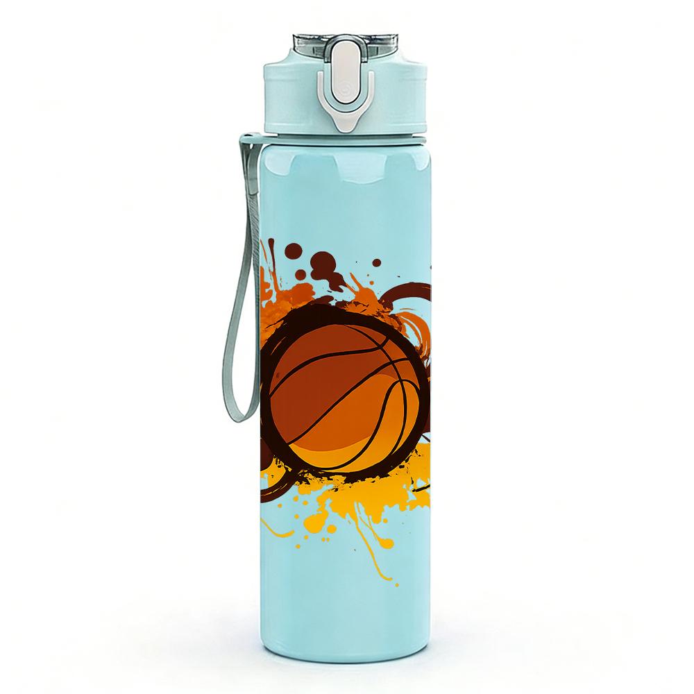 1PC Splashing Orange Basketball Graphic 750ml Color Plastic Sports Water Bottle Leakproof Flip Straw Lid For Sports Office Home Use