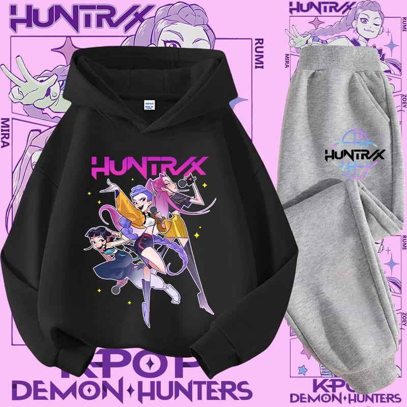 New K-pop Demon Hunter 3 - 12-year-old Girls' Sportswear 2-piece Cute Casual Top Children's Hooded Shirt Set with Cartoon Print
