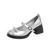 Silver French Mary Jane Shoes Waterproof Table High Heels Thick Heel Light Mouth Bow One-word Buckle Single Shoes Women's Small Leather Shoes