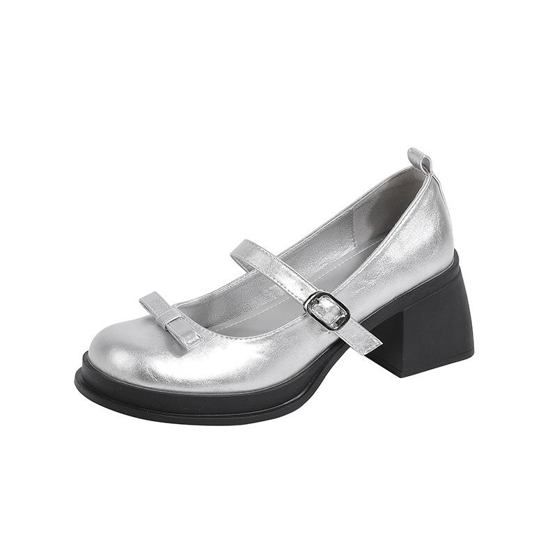Silver French Mary Jane Shoes Waterproof Table High Heels Thick Heel Light Mouth Bow One-word Buckle Single Shoes Women's Small Leather Shoes
