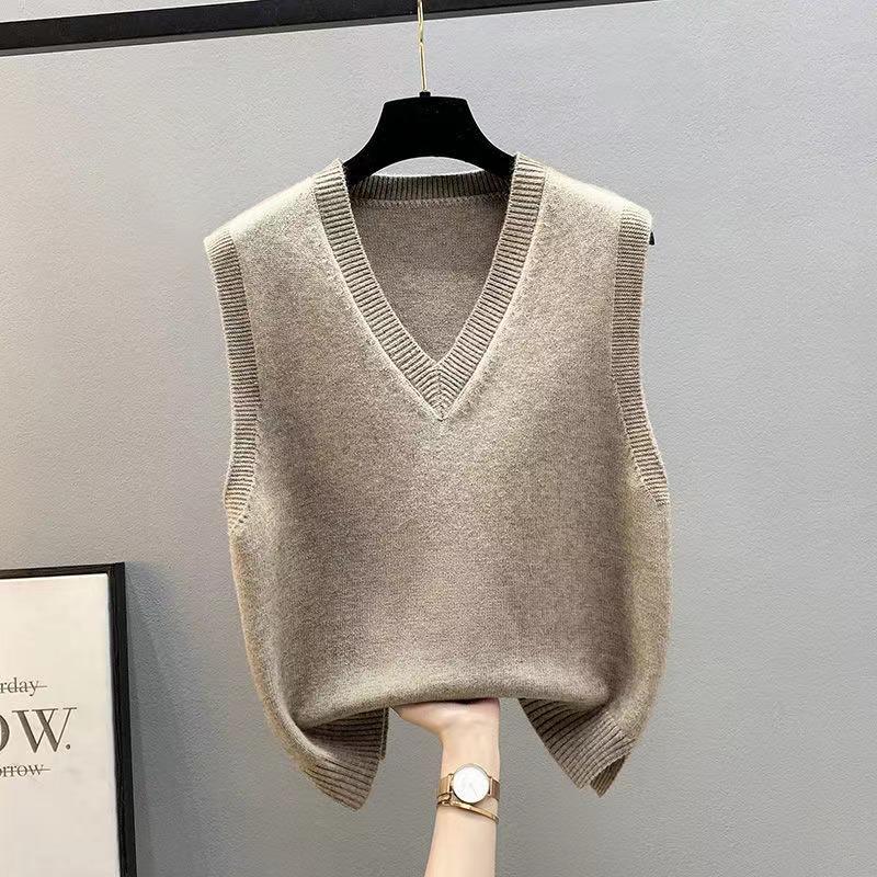 Knitted V-Neck Sleeveless Women's Cardigan Sweater - Korean Style, Loose Fit for Spring/Fall/Winter.
