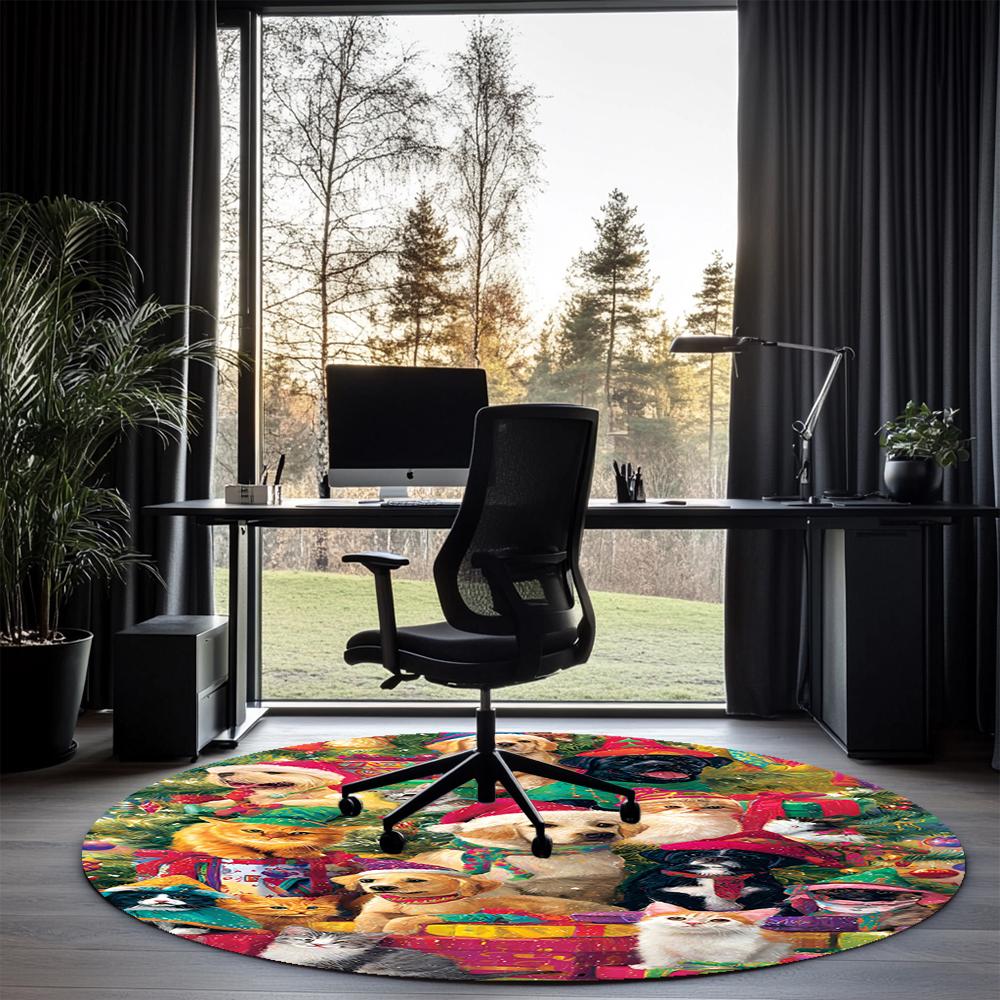 Christmas Dog Printed Round Rug Carpet Chair Rug Area Rug Entryway Doormats,for Office Chair Living Room Bedroom Kitchen Room.