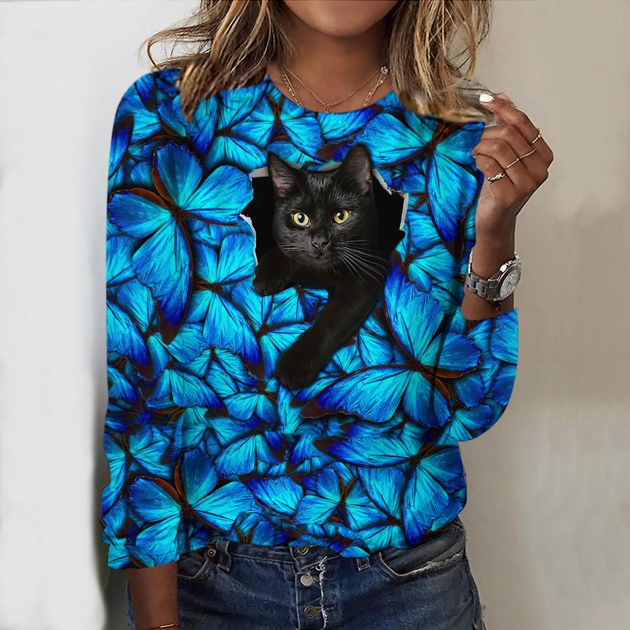 

Топы на весну и осень с принтом 3D Funny Cat, круглым вырезом и длинными рукавами, футболка, повседневный тонкий женский топ с длинными рукавами на осень 4XL синий