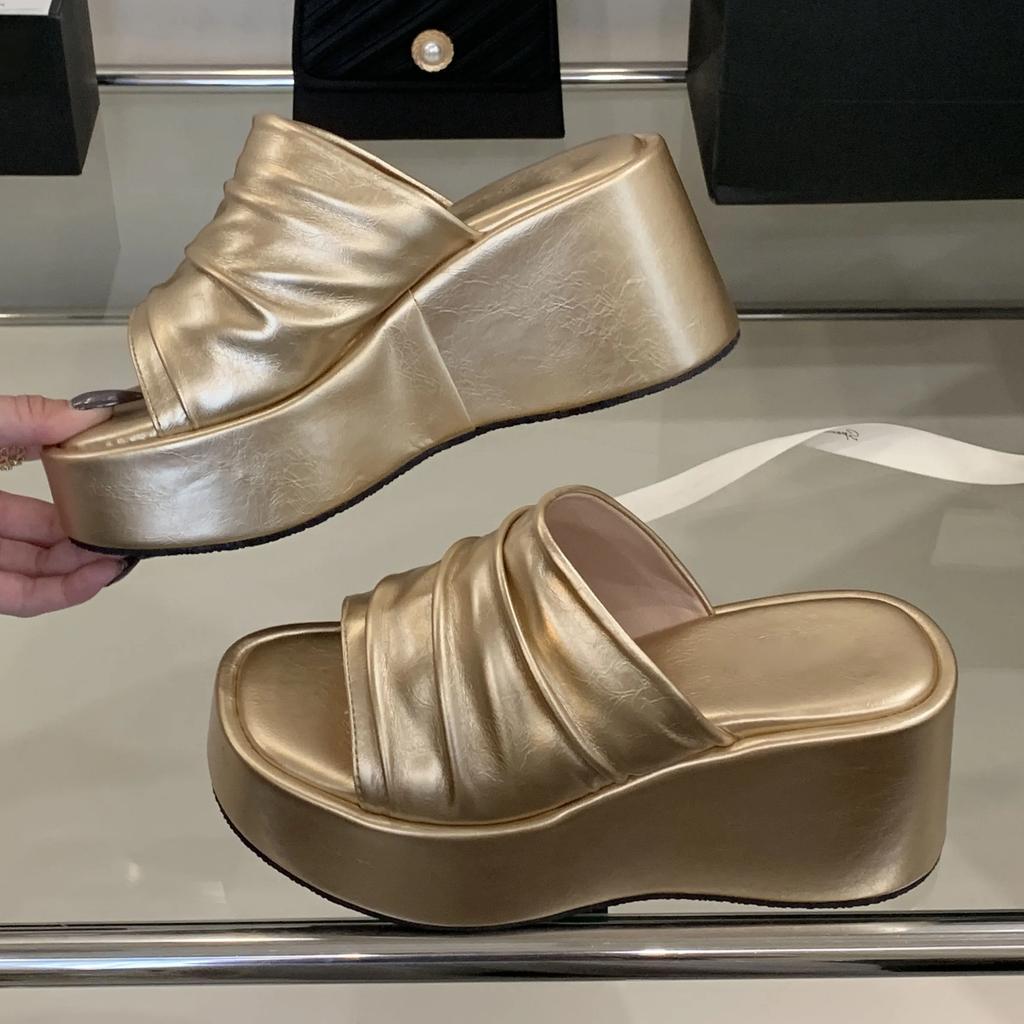 Fashion Eilyken Summer Open Toe Platform Wedges Slippers Women Designer Pleated Thick Bottom Heels Slide Ladies Shoes Zapatos De Mujer