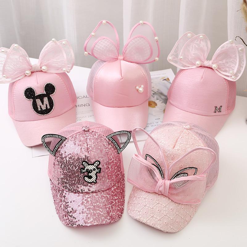 Children Big Bow cartoon Baseball Cap Cute Girls Pearl Snapback caps Sun Caps Mesh Rabbit Ear UV Protection Summer Hats boy