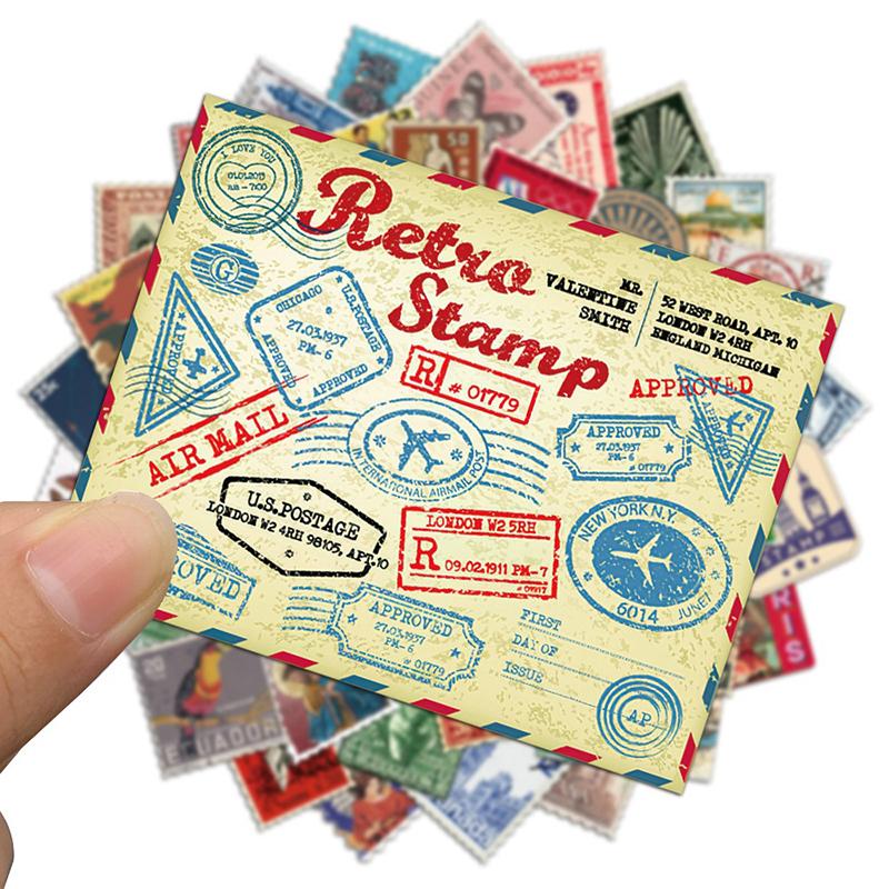 50PCS Vintage Stamp Stickers Aesthetic Postage Stamp Stickers Waterproof Vinyl Decals for Scrapbook Laptop Water Bottle