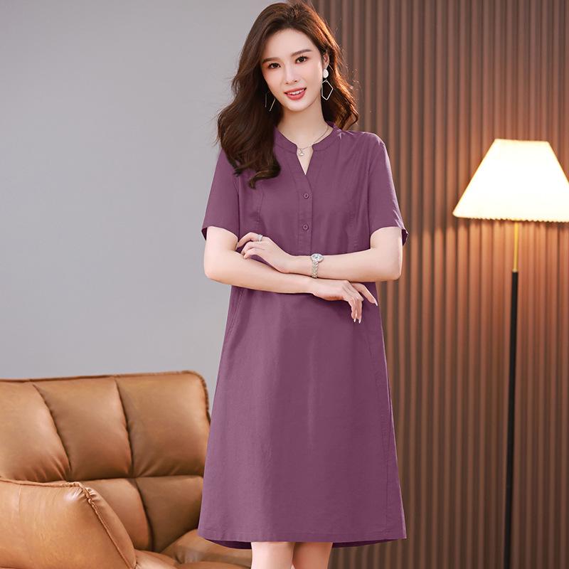 Plus Size Mid-Length Summer 2025 Cotton-Linen Dress for Women - Fashionable, Age-Reducing Style for Middle-Aged Mothers