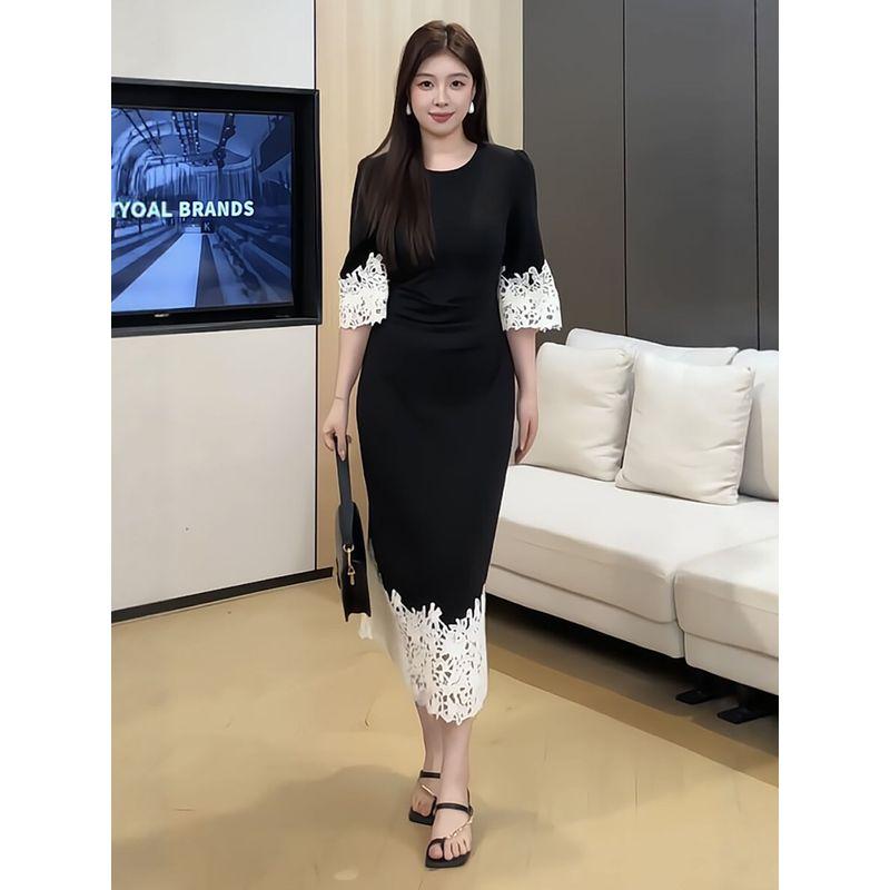 Plus-Size Women's Clothing for Fat Girls, New Chinese-Style Bell-Sleeve Lace Splicing Dress, 2026 Summer Slimming and Versatile Dress