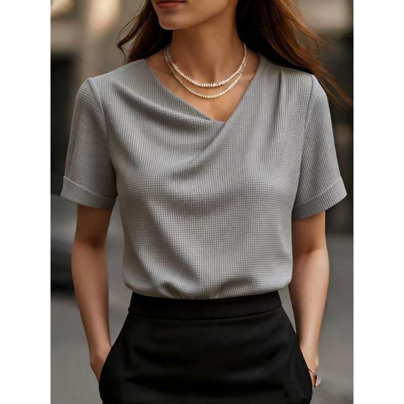 JPNTKY Women's Fashion Casual Solid Color Print Short Sleeve V Neck Blouses & Shirts