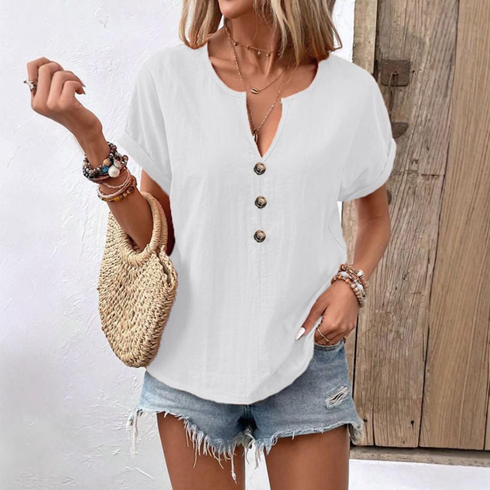Women s Solid-Color V-Neck Button-Down Short-Sleeve T-Shirt 2XL
