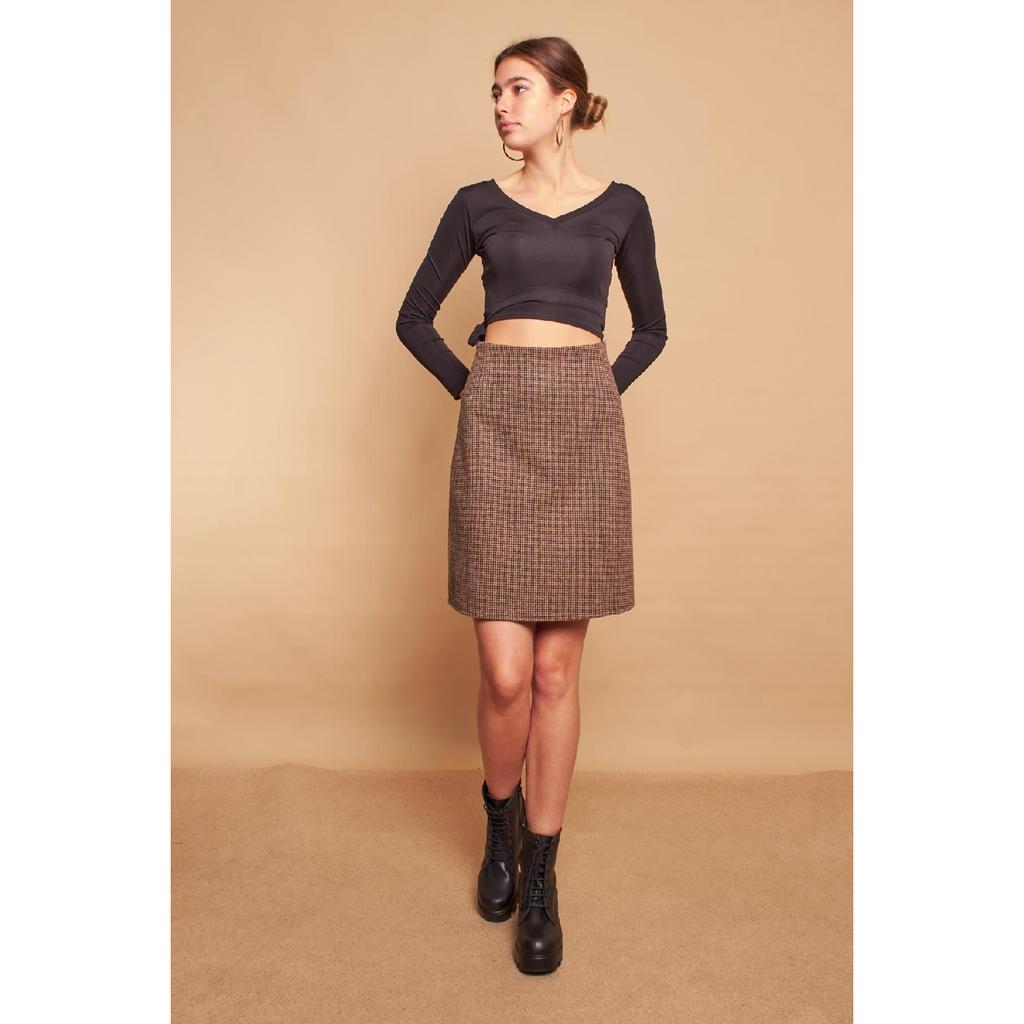 Lightweight Lycra Woolen Winter Jacquard Fabric High Waist Lightweight Above Knee Bell Skirt - Black Diagonal