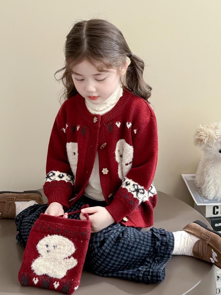 2025 Embroidered Puppy Knit Cardigan for Girls - Trendy Spring/Autumn Sweater