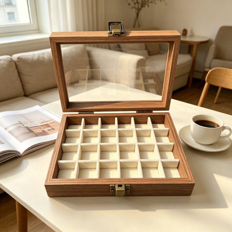 Premium Single-Layer Transparent Jewelry Storage Box - Walnut Color, Large Capacity for Rings, Earrings, and Necklaces, Dustproof Display Tray