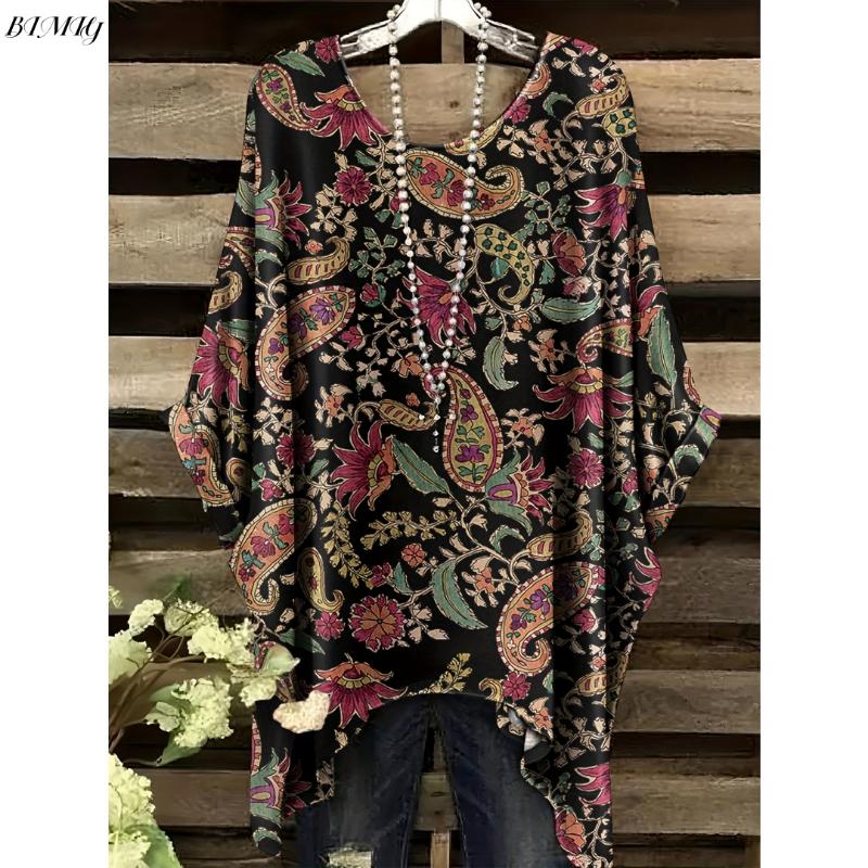 

Богемна Квіткова Туніка Великого Розміру Жіноча Богемна Квіткова Принтована Футболка-Туніка з Коротким Рукавом Круглим Вирізом Повсякденний Топ Яскравий 2025 5XL