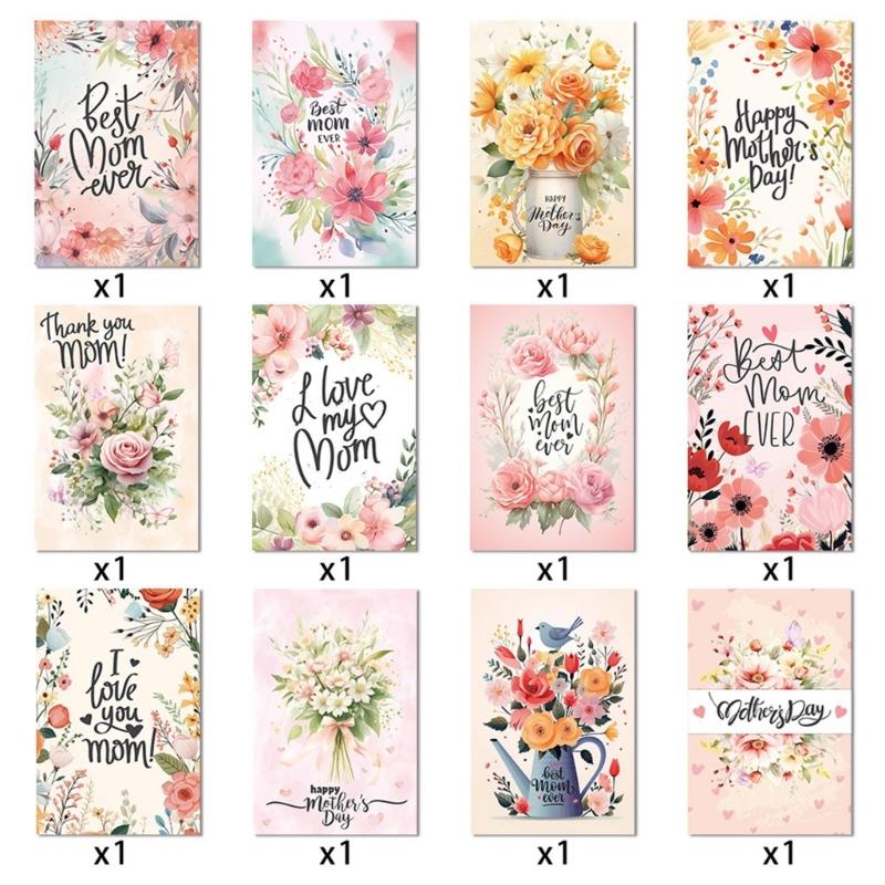 Pack Of 12 Beautifully Designed Mother's Day Greeting Cards Colorful Postcards Set with Envelopes Party Decorations