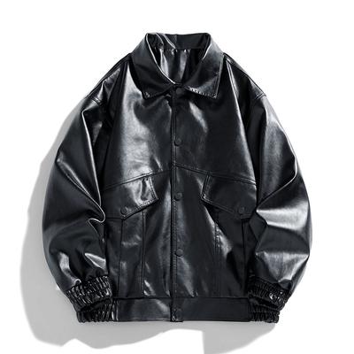 Black Fashionable Coat Lapel Casual Spring and Autumn New Loose Men's Motorcycle Leather Jacket